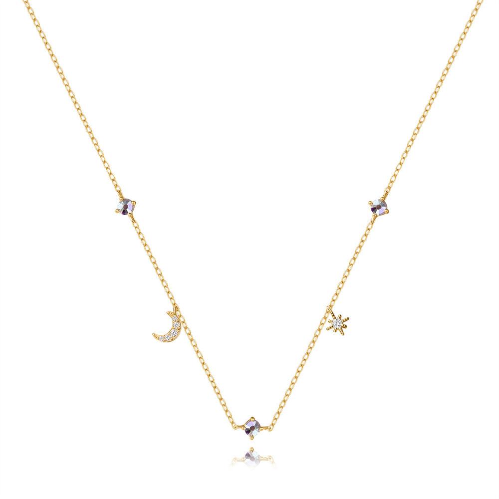 925 Sterling Silver Classic Star Moon Octagram With Colored Diamonds Stacked Women'S Necklace Collarbone Chain