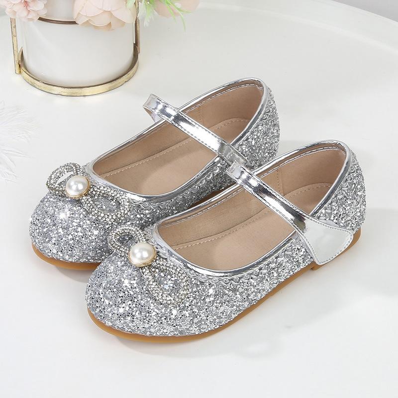 Детские туфли принцессы 2024 года, весна, новые мягкие туфли с кристаллами для маленьких девочек, туфли на плоской подошве, серебристые детские туфли Мэри Джейн для вечеринок, свадеб, шоу, ПУ