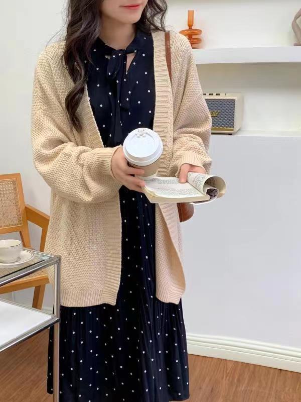 Женское ретро-пальто-кардиган средней длины во французском стиле - свитер толстой вязки свободного покроя для поездок на работу на осень/зиму