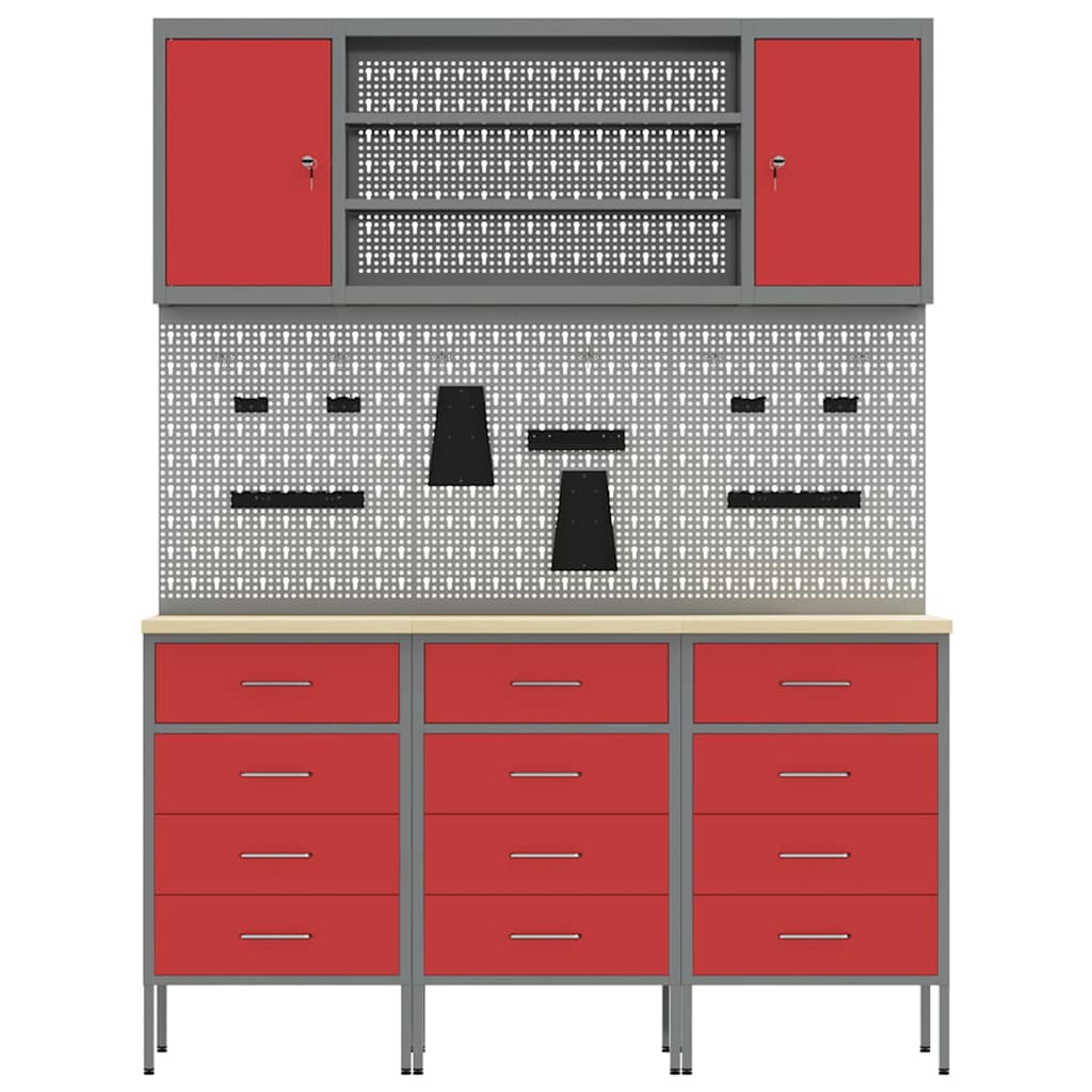 Workbench with Drawers 7 pcs Red Engineered Wood and Steel