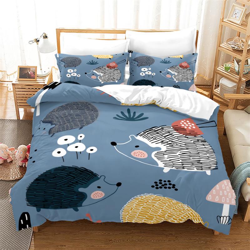 Hedgehog Bedding Set Cute Kawaii Wildlife Comforter Cover With Pillowcases For Kids Boys Girl Polyester Bedding Set King Size