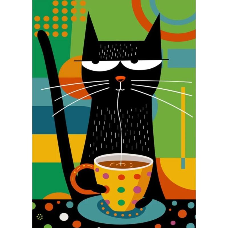 Whimsical Black Cat Drink Coffee Poster For Bedroom Nursery Cartoon Animal Canvas Painting Cute Cat Illustration Print Wall Art