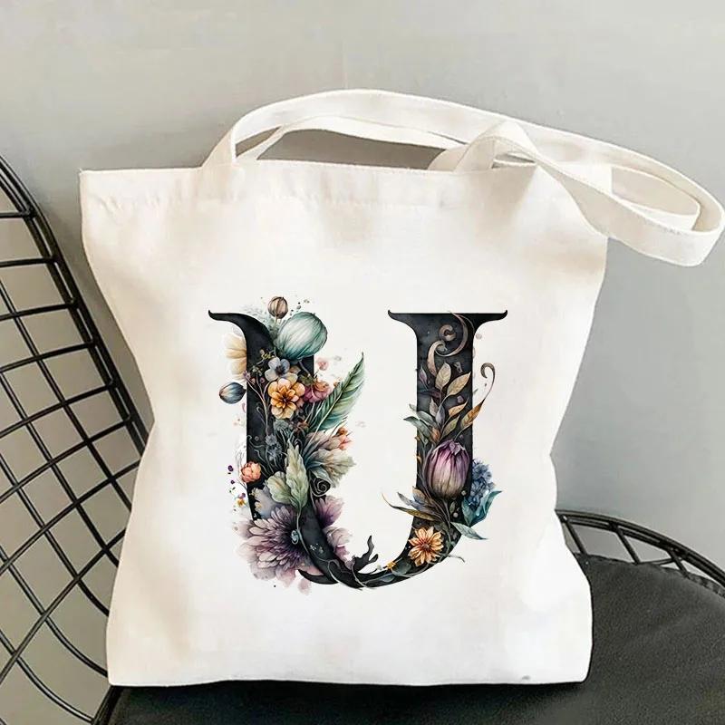 26 Черных Холщовых Сумок-Тоут с Цветами Алфавита для Женщин, Большой Вместимости, Повседневная Новая Сумка для Шопинга с Принтом, Многоразовая Эко-Сумка, Большая