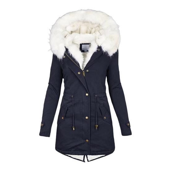 Women Winter Cotton Coat Plus Size Faux Fur Hood Fleece-lined Zip-up Press Button