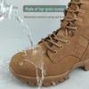 Мужские водонепроницаемые боевые тренировочные ботинки из натуральной коричневой кожи с боковой молнией — песочного цвета для активного отдыха, альпинизма и использования в пустыне.