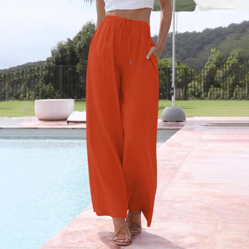 Брюки с широкой талией для женщин, повседневные летние брюки на шнурке, струящиеся пляжные брюки с карманами