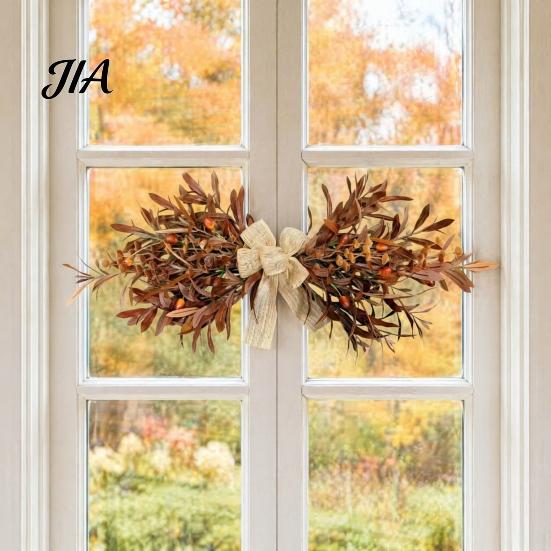 Full Artificial Autumn Wreath 23.6" Olive Wreath, Faux Fall Leaf Teardrop Swag, Door Hanger for Thanksgiving with Burlap Bow Front Door, Wall, Mantel,
