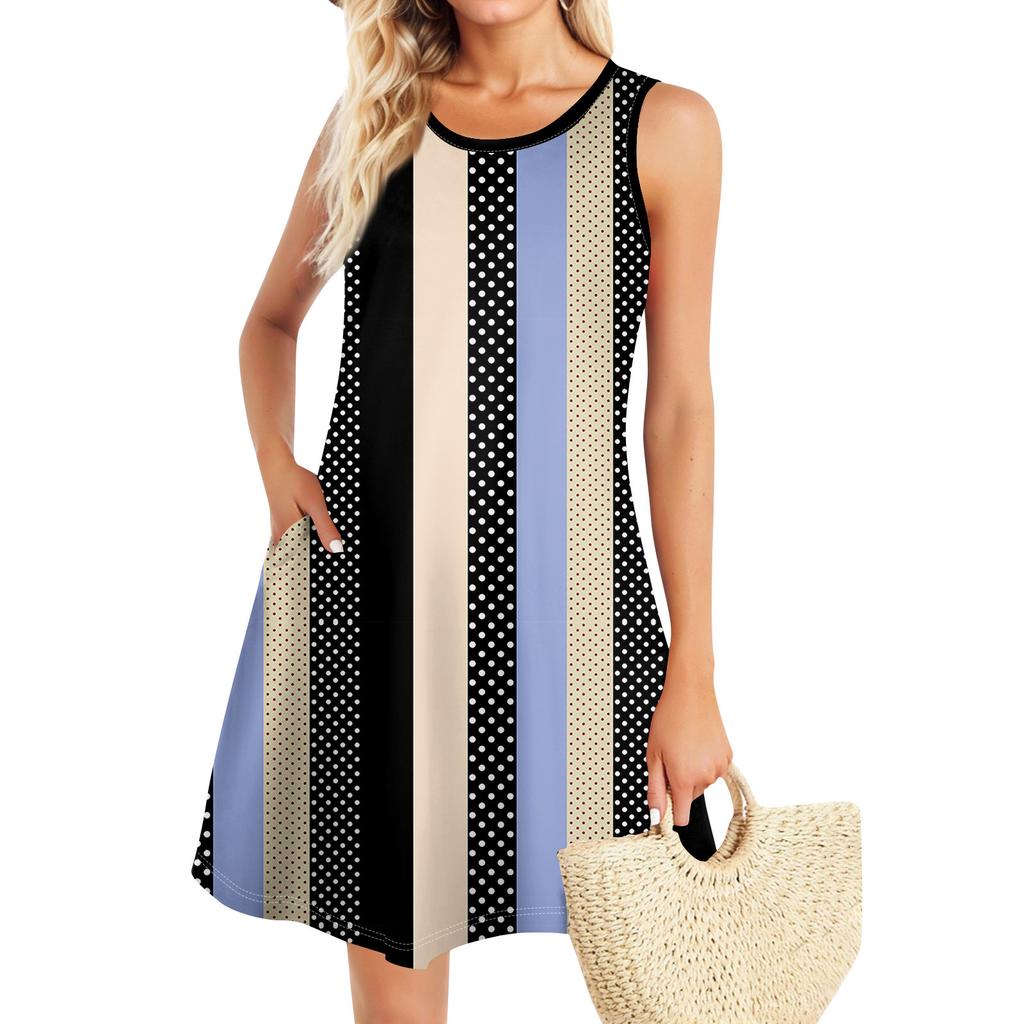 Summer Dresses For Women Beach Boho Sleeveless Vintage Printing Flowy Pocket Tshirt Tank Sundresses