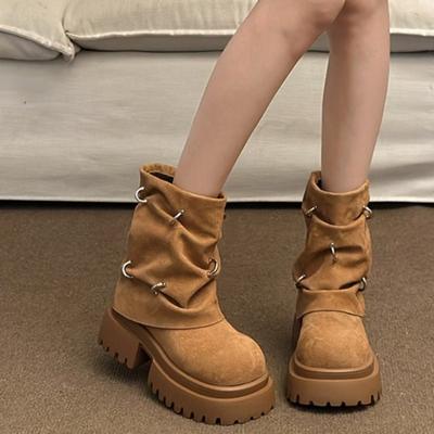 Мода 2024 Новые Ботильоны на Толстой Подошве Женские Высокие Каблуки Зимние Плюшевые Теплые Декорация Металлическим Кольцом Трендовый Дизайн Короткие Модные Ботинки