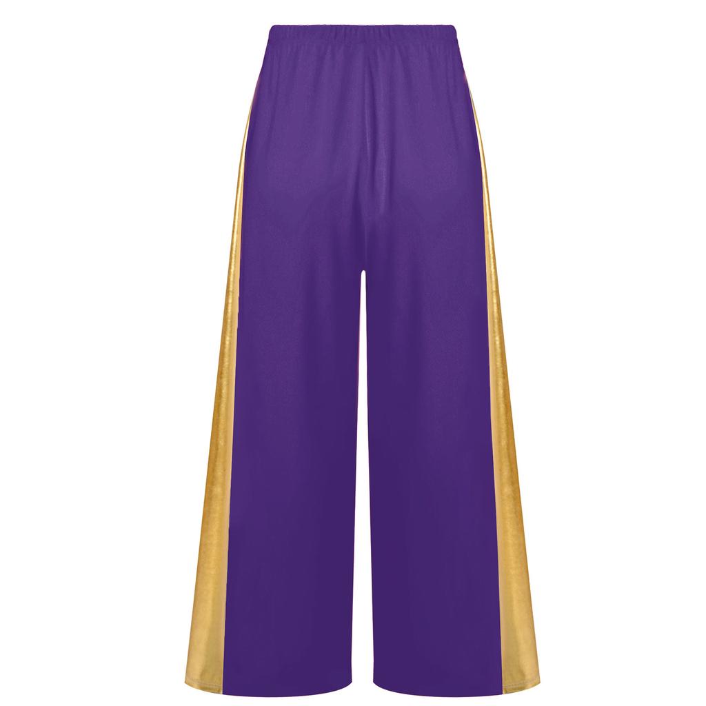 Girls Liturgical Dance Pants Metallic Patchwork High Waist Elastic Band Wide Leg Loose Trousers