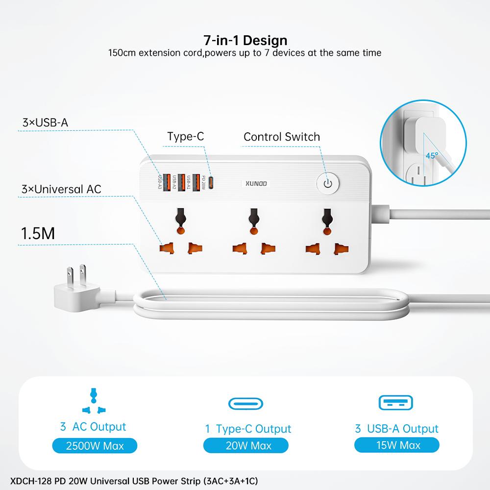 XUNDD XDCH-128 Universal USB Power Strip 7 in 1 PD 20W Fast Charging Station, 3 AC + 3 USB-A + 1 Type-C