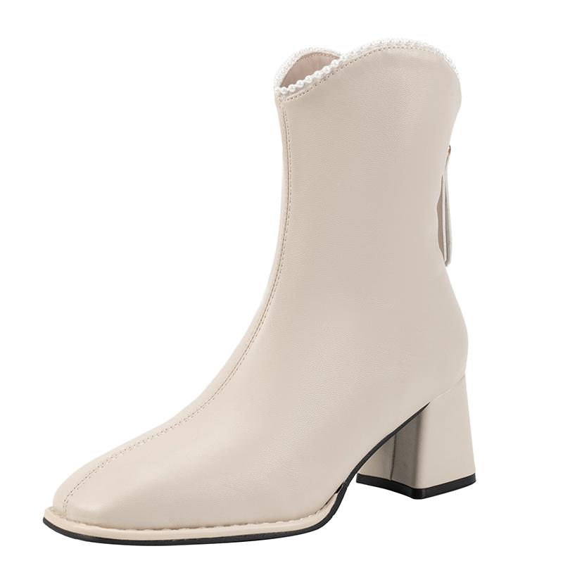 Модные ботильоны с квадратным носком и блочным каблуком, зимние новые, с бисером, на задней молнии, противоскользящие, износостойкие, на высоком каблуке