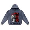 DTG print Knitted Denim Zip-Up Hoodie Love Death Brother Print Zipper Hoodies  