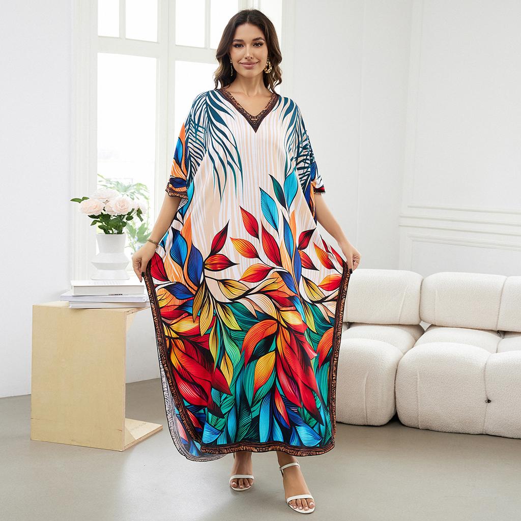 Printed Beach Dresses Viscose Kaftans for Women Summer Plus Size Loose Robe Holiday Living Room Bathing Suits