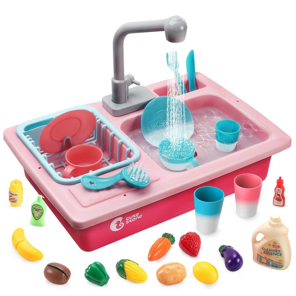 Cute Stone Pretend Play Kitchen Dishwasher Water Play Circulating Cutting Pretend Educational Gift for Preschool Pink 37-Piece Set, Toy, Toy, Sink,