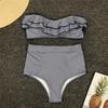 2 Pcs/Set Beach Bikini Set Ruffle Striped Patchwork Tankini High Waist Split Beachwear Elastic Quick-drying Bathing Suit