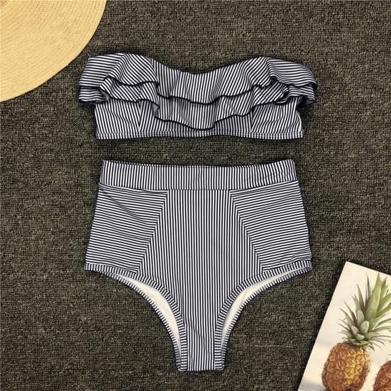 2 Pcs/Set Beach Bikini Set Ruffle Striped Patchwork Tankini High Waist Split Beachwear Elastic Quick-drying Bathing Suit