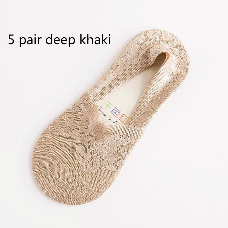 5 Pairs Women Lace Socks Boat Invisible Anti-Skid Ankle Socks Low Cut No-show Non-Slip Liner Slipper Socks