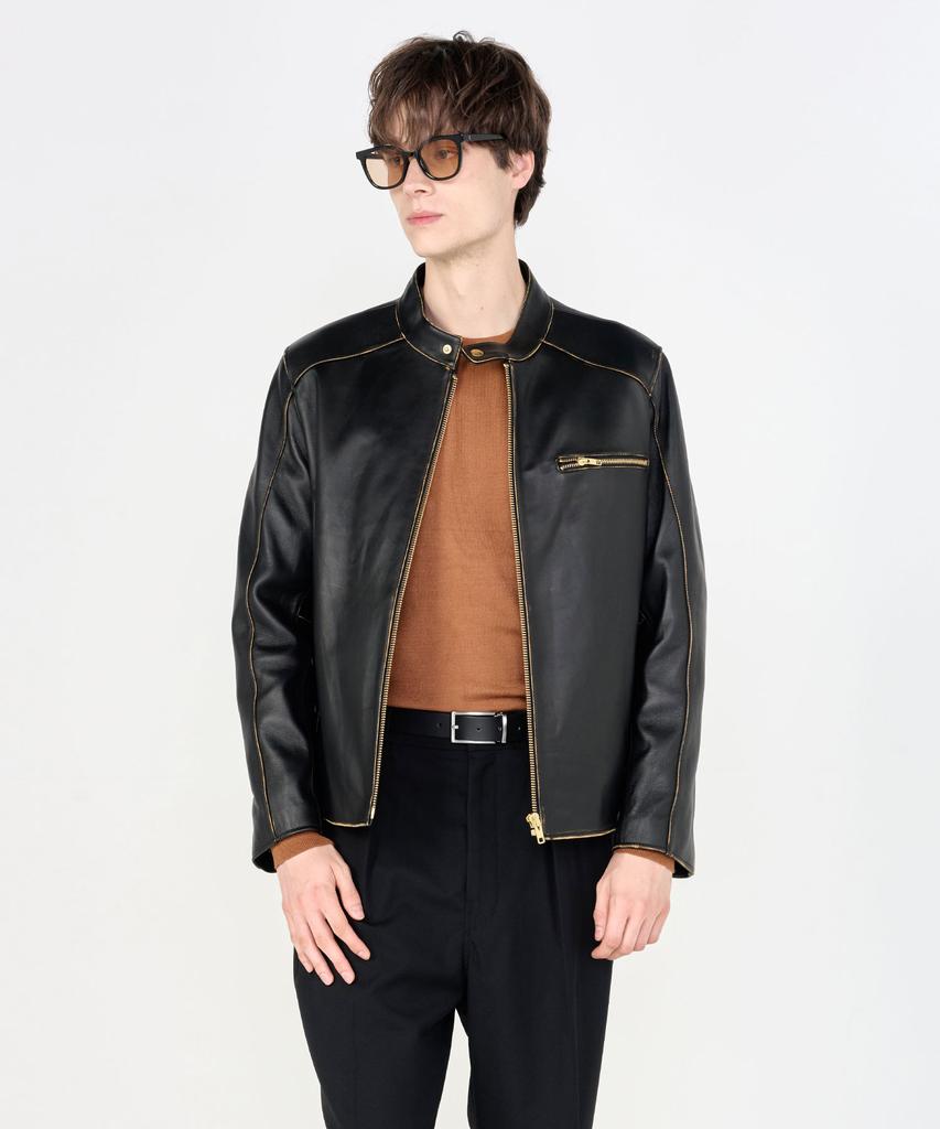 Dreamworld Lambskin Washed Mandarin Collar Biker Jacket (Brown)