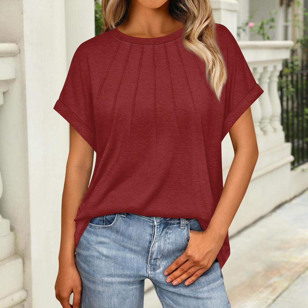 Women's Fashion Loose Casual Summer T-Shirt Pleated Short Sleeve Solid Color Top