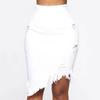 Asymmetric Cotton Black White Hole Denim Midi Skirt With Tassel Streetwear High Waist Wash Distressed Women Bodycon Skirt