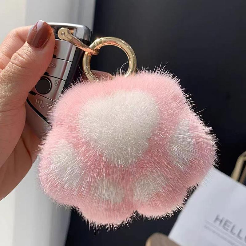 Розовый черный пушистый кошачий помпон для волос брелок для женщин и девочек милый кулон в виде лапы сумка декор