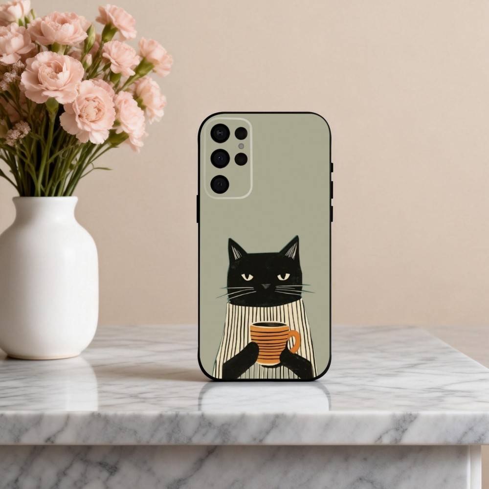 Чехол для телефона S-Striped C-Coffee Cat для Samsung S25, S24, S21, S22, S23, S30, Ultra, S20, Plus, Другие Мягкий Черный Чехол