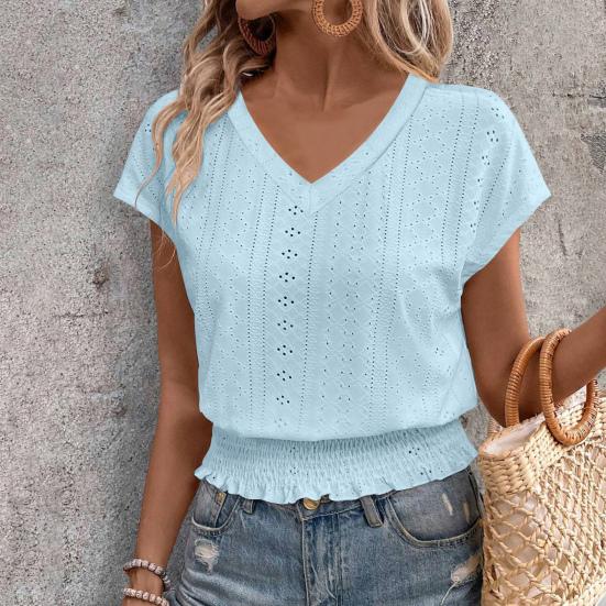 Women Tops V-Neck Short Sleeve Jacquard Decoration Pullover Tops Solid Color Loose Fit Elastic