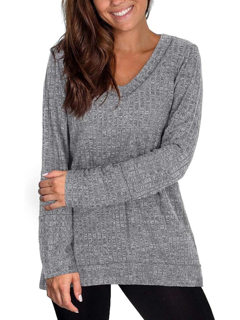 Женская футболка с длинным рукавом, осенний топ, V-образный вырез, однотонная, повседневная, свободная блузка, стильный свитшот