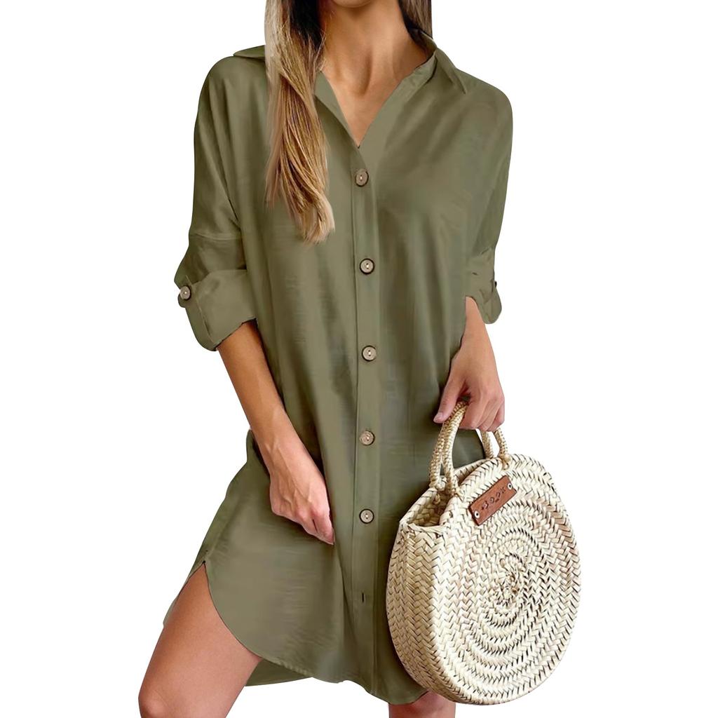 Women's Fashion Long Sleeve Lapel Button Down Shirt Dresses