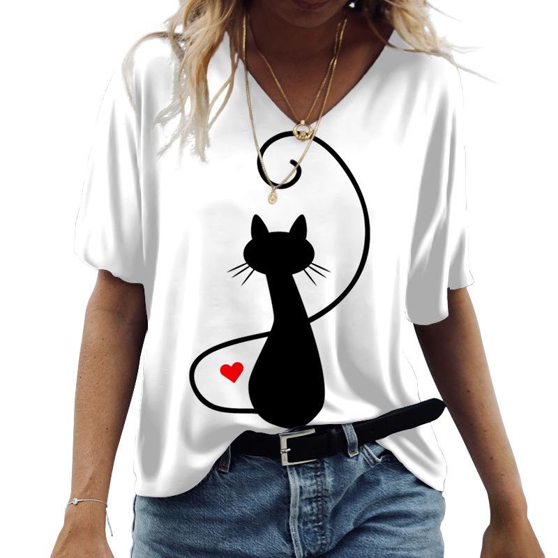Summer Casual Women's Short Sleeved T-shirt Cat 3D Printed Classic V-neck T-shirt Top
