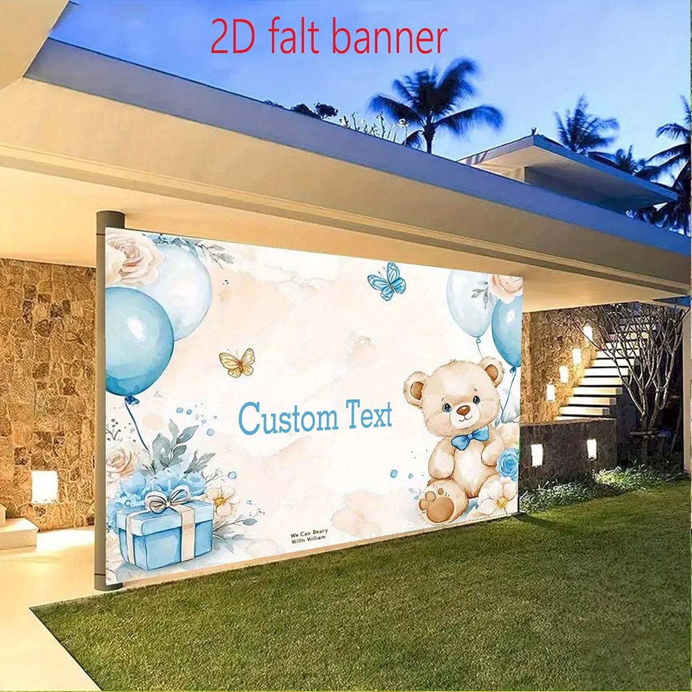 1pc Custom Blue Teddy Bear Baby Shower Party Banner Backdrop, Personalized Floral Balloon Butterfly Birthday Background