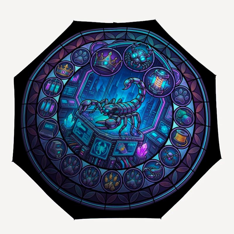 Cybernetic Scorpio Mandala pattern umbrella, portable and foldable design, 8 ribs, a casual accessory for Halloween, Christmas, and birthday gifts.