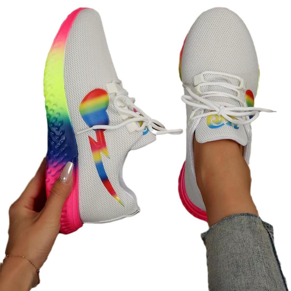 Summer Women's Mesh Sneakers Large Size Rainbow Bottom Elastic Flat Bottom Lace-up Knitted Sneakers Women