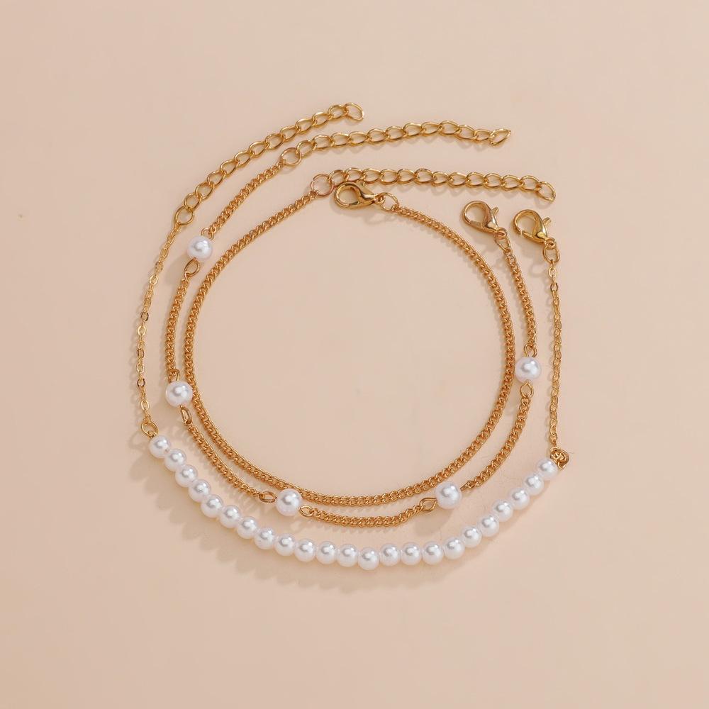 Bohemian beach seaside, pearl multi-layer metal anklet personalized women's anklet 3-piece set