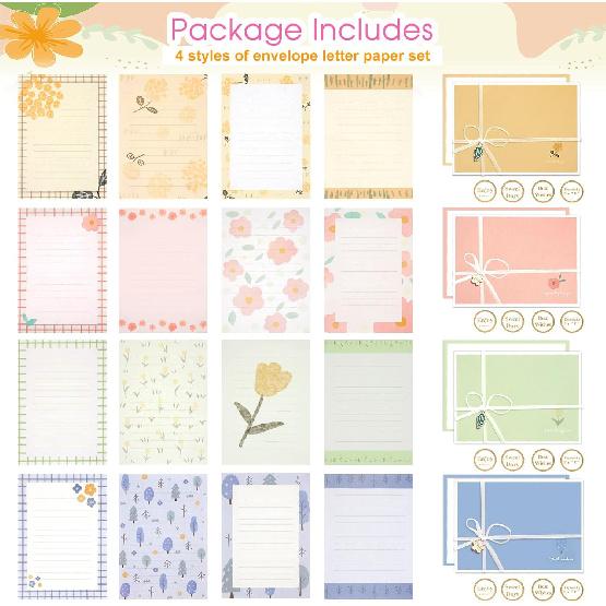 48 PCS Stationery Paper and Envelopes Set,16 PCS Lined Stationary Writing Paper with 8 PCS Matching Envelopes,Cute Floral Stationary Set for Writing