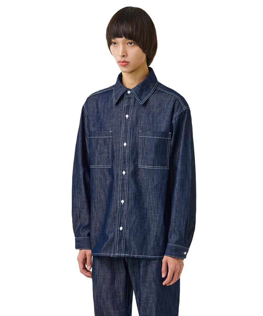 LAUGHER [Summer][Non-Fade] Two-Pocket Denim Work Shirt Long Sleeve - Indigo