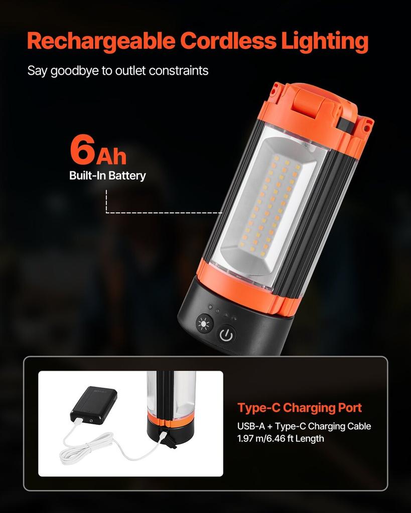 LED Work Light with Stand, 6Ah, Rechargeable Cordless Camping Light, with 3 Lamp Heads, Detachable Tripod Stand, 2200 Lumens 3000K-6500K Dimmable,