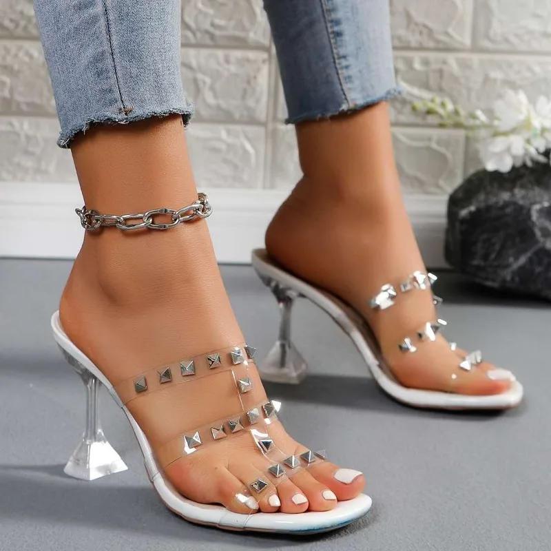 2024 Summer Fashion Rivet Women's Slippers New Transparent High Heels Women's Sexy Square Toe Party Dress Shoes Women's Slippers
