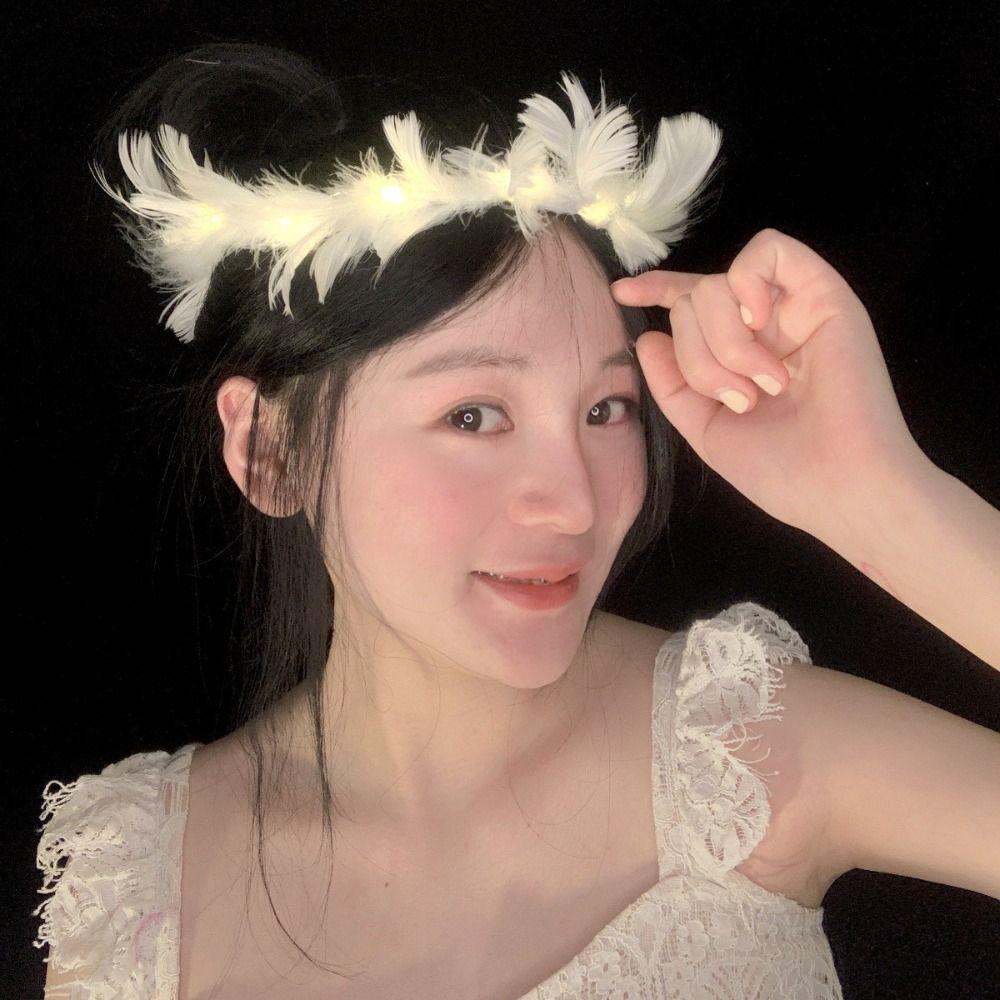 Christmas White Feather Luminous Garland New Year Women Hairband LED Feather Headband  Party