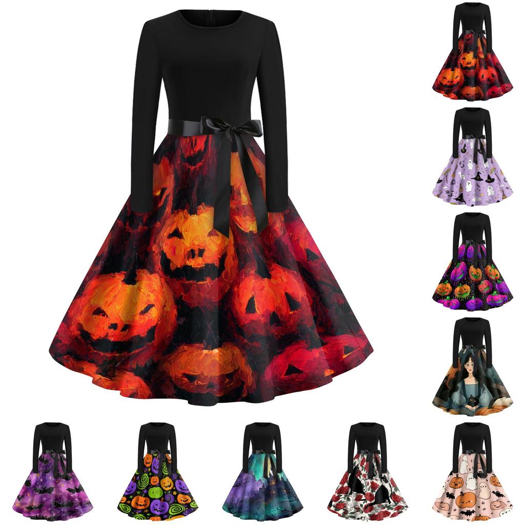 Women's Casual Vintage Halloween Dress Long Sleeve Round Neck Floral Print Retro Style A-Line Midi Dress with Waist Tie for Everyday Wear