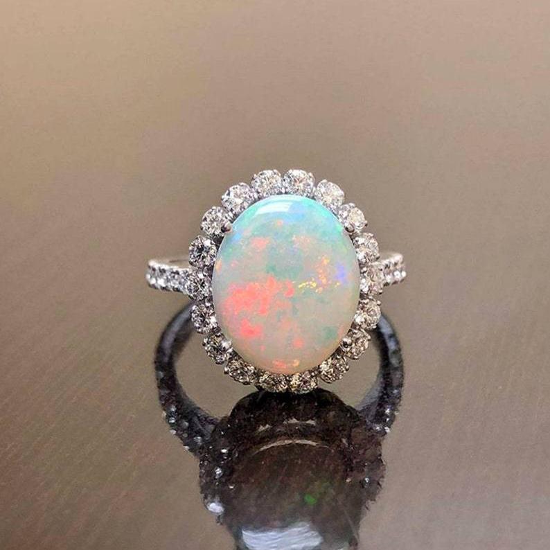 TEMU Vintage Alloy Inlaid Opal Ring - European & American Ladies' Engagement Ring
