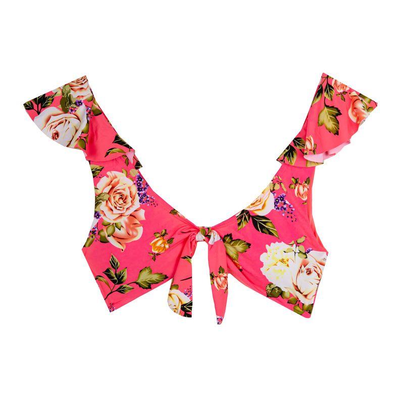 Женский купальник из двух частей с высоким давлением, розовым цветочным узором и оборчатым верхом