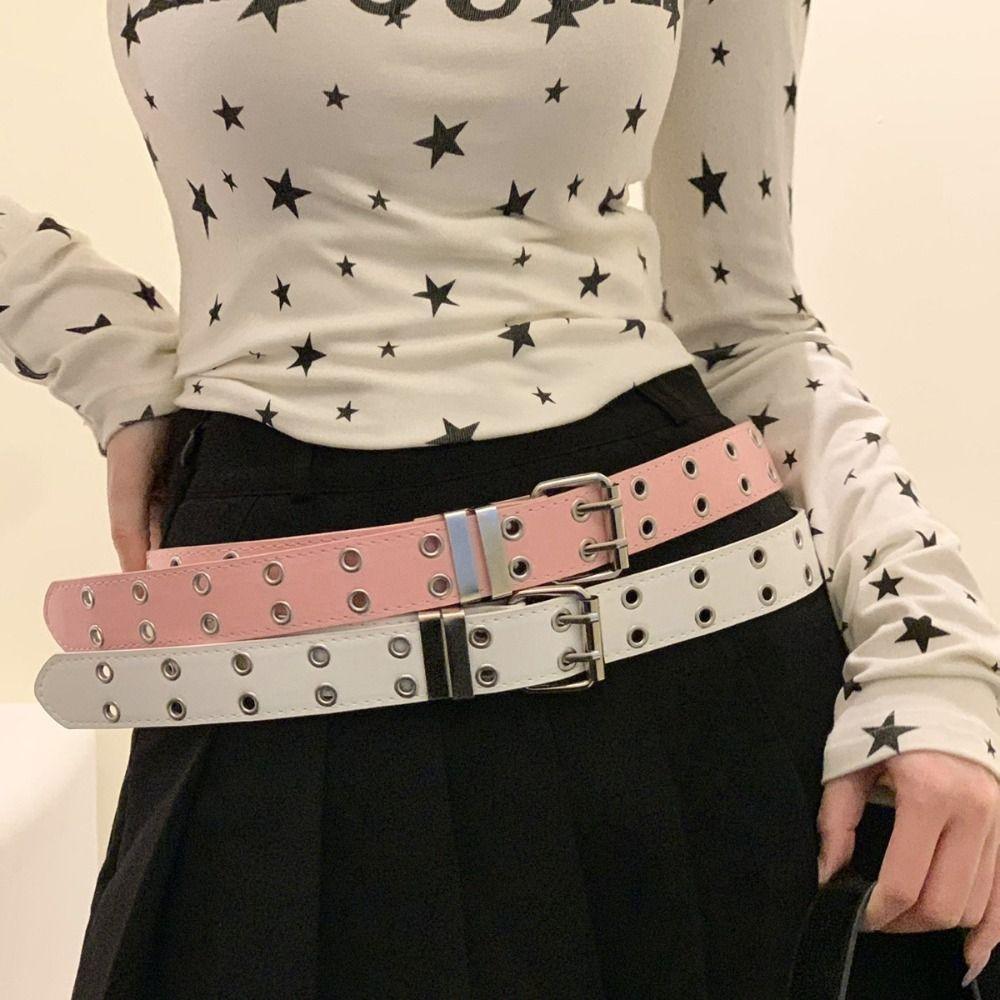 PU Leather Double Row Belt Metal Buckle Women's Belt New Punk Belt Daily Outfits