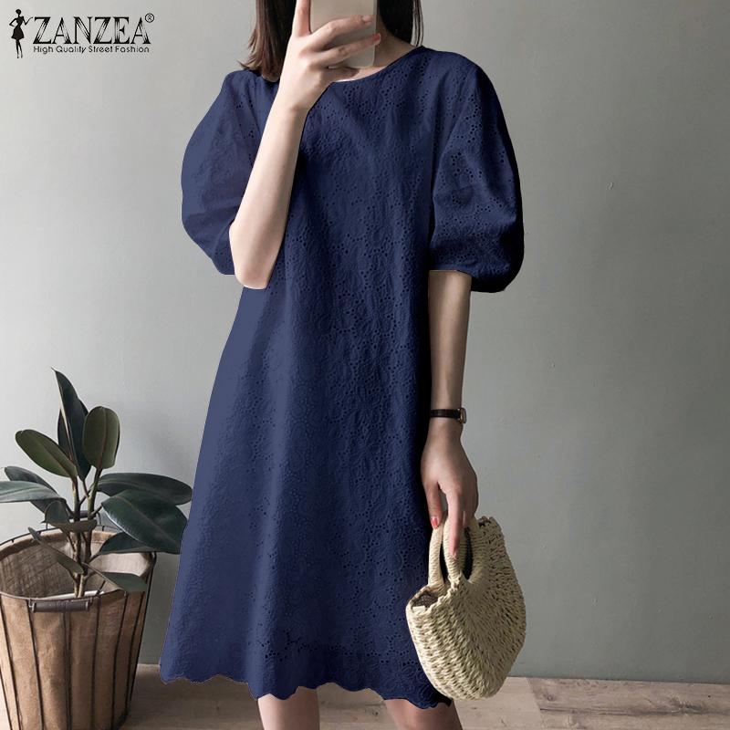 ZANZEA Женское элегантное платье-туника с пышными рукавами, кружевной вставкой спереди, крючком, пэчворк, в повседневном стиле
