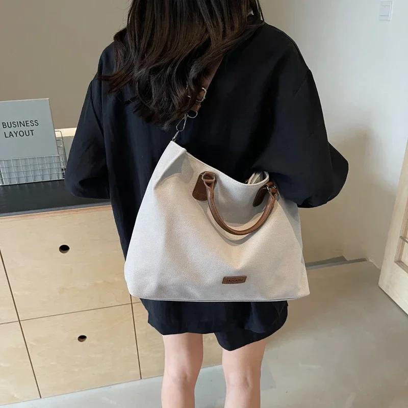Women's Large Capacity Canvas Shoulder Bag Crossbody Pendulum Bags Basic Style Stitching Line