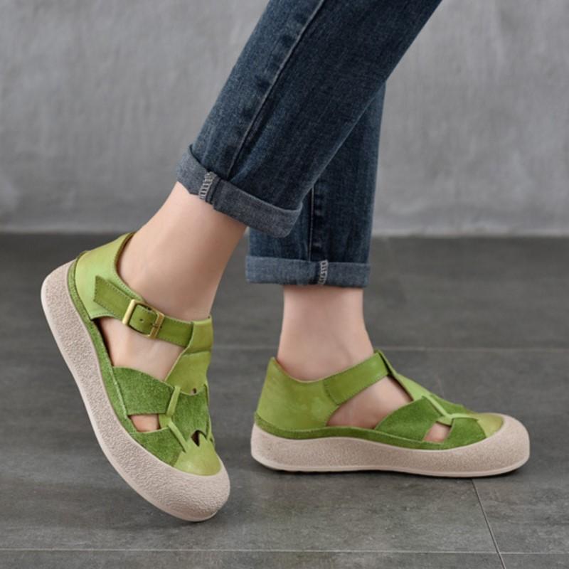 Johnature Round Toe Hollow-out Flat Sandals Genuine Leather Breathable And Comfortable Women's Shoes