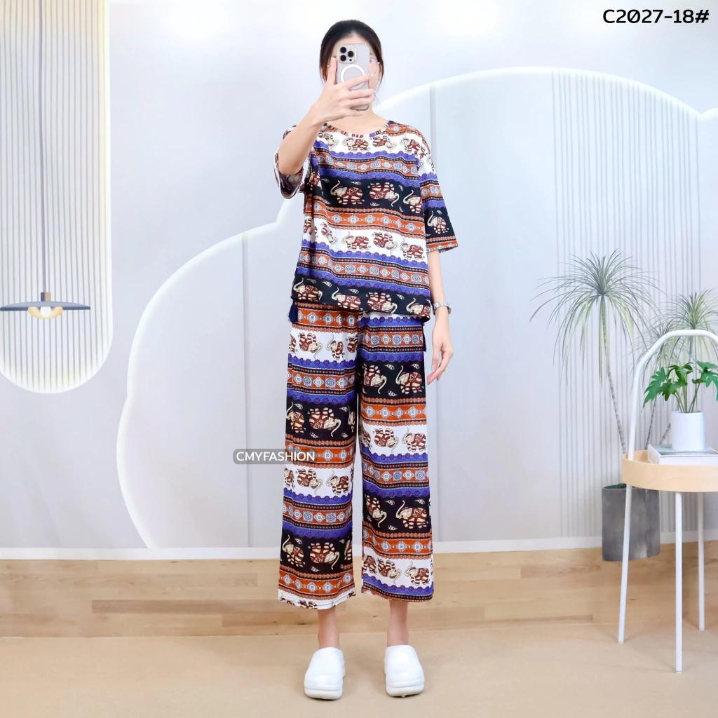 Слон Штаны Шорты Рубашка Комплект Круглый Вырез Укороченный Короткий Рукав Регулируемый Эластичный Пояс Завязка Женский Принт Повседневный Пляжный Бохо Богемный Ретро Винтаж