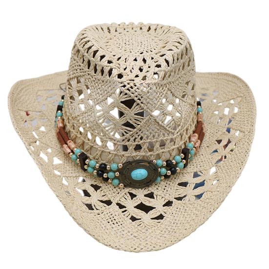 Hat with Decorative Bands Hollow Ultralight Breathable Design Cowgirl Woven Sun