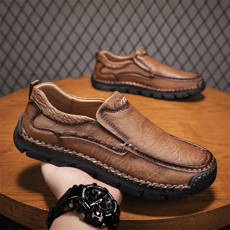 FashionMens Genuine Leather Shoes Slip On British Style Leisure Loafers Shoes Soft Bottom Wear-resistant Comfortable Shoes Men Footwear
